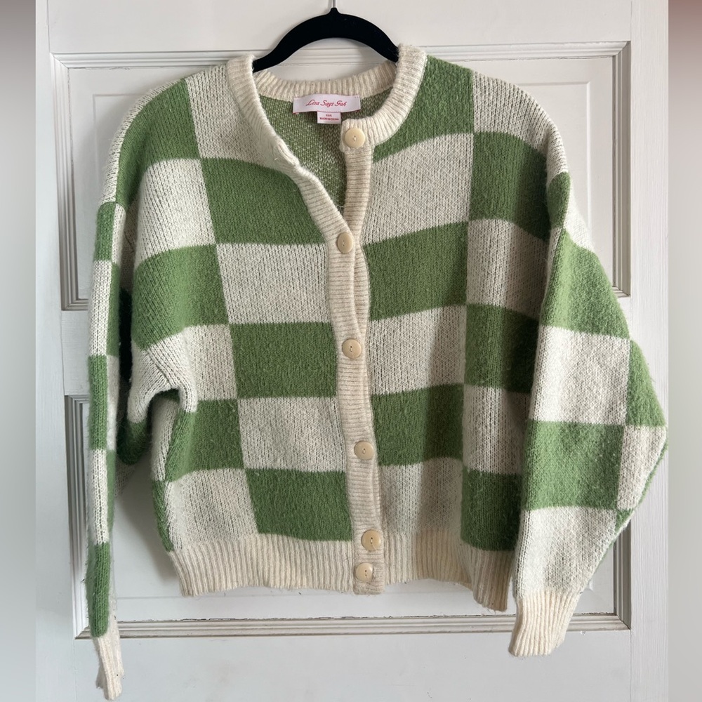Lisa Says Gah Green Check Cardigan Sweater